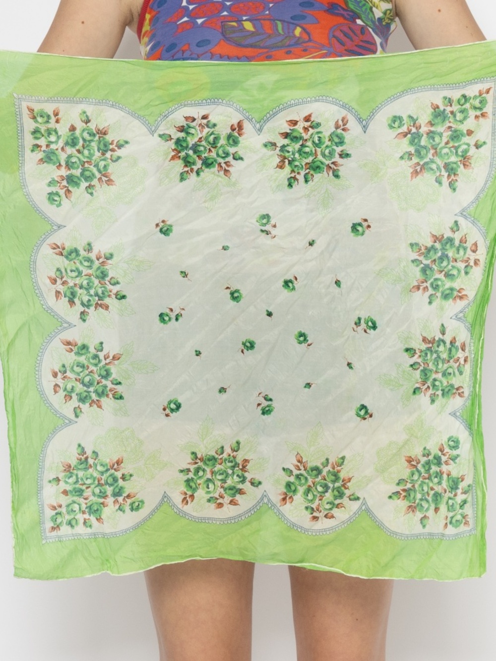 Vintage flower print silk scarf green flower print square scarf
